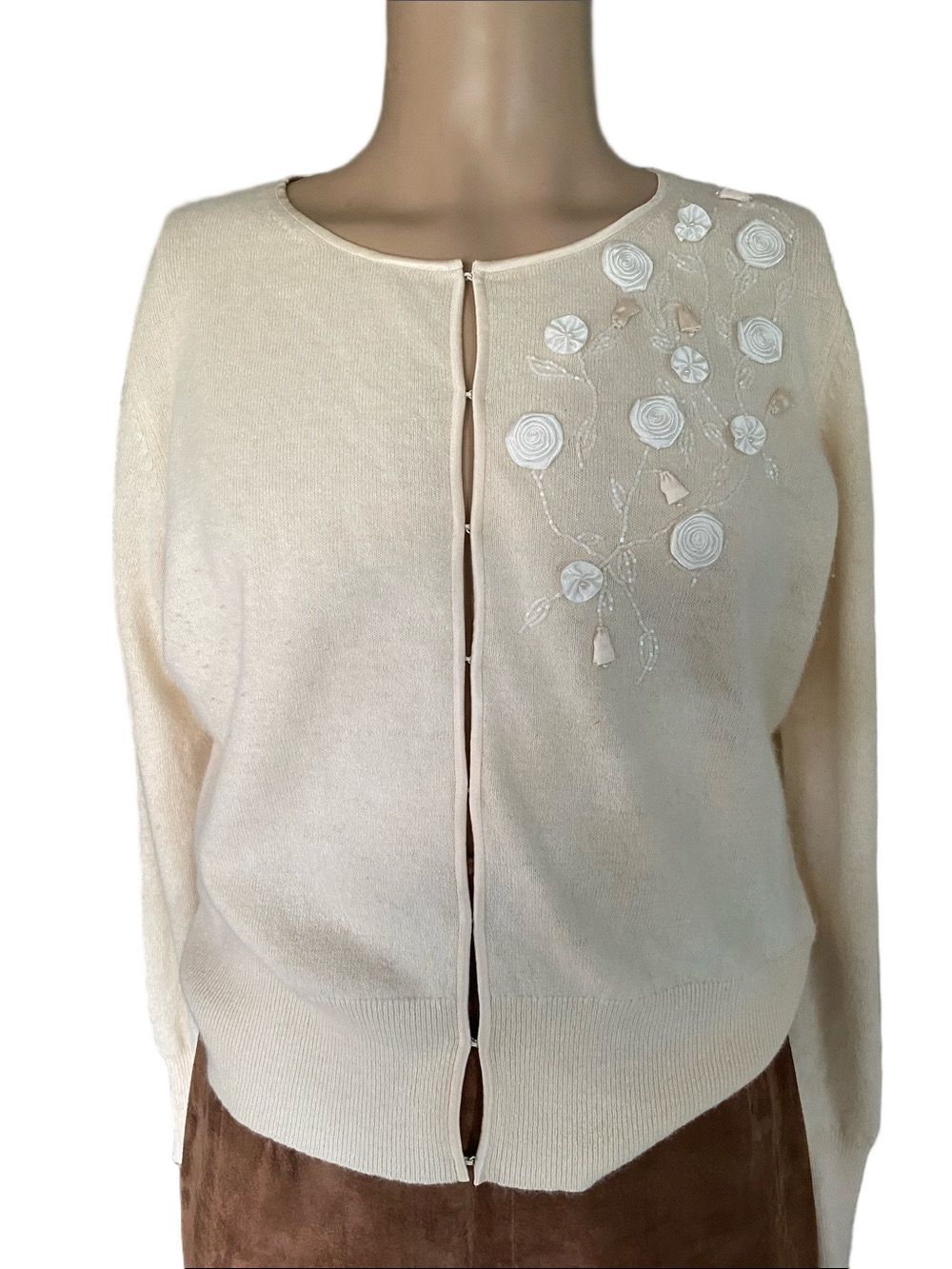 Banana Republic angora & lambs wool Cream Embroidered Button-Front Cardigan